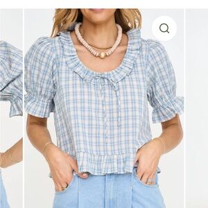 Blue Plaid Ruffle Blouse